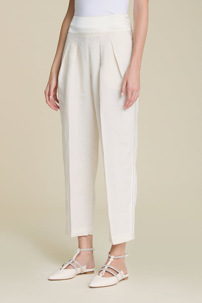 2 pleat tuxedo trousers in pure linen with silk satin side bands and basque with diamond cut chain detail  