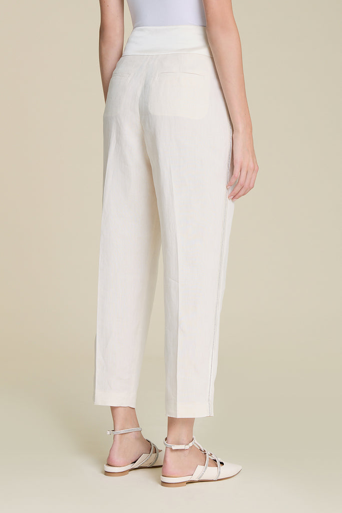 2 pleat tuxedo trousers in pure linen with silk satin side bands and basque with diamond cut chain detail  