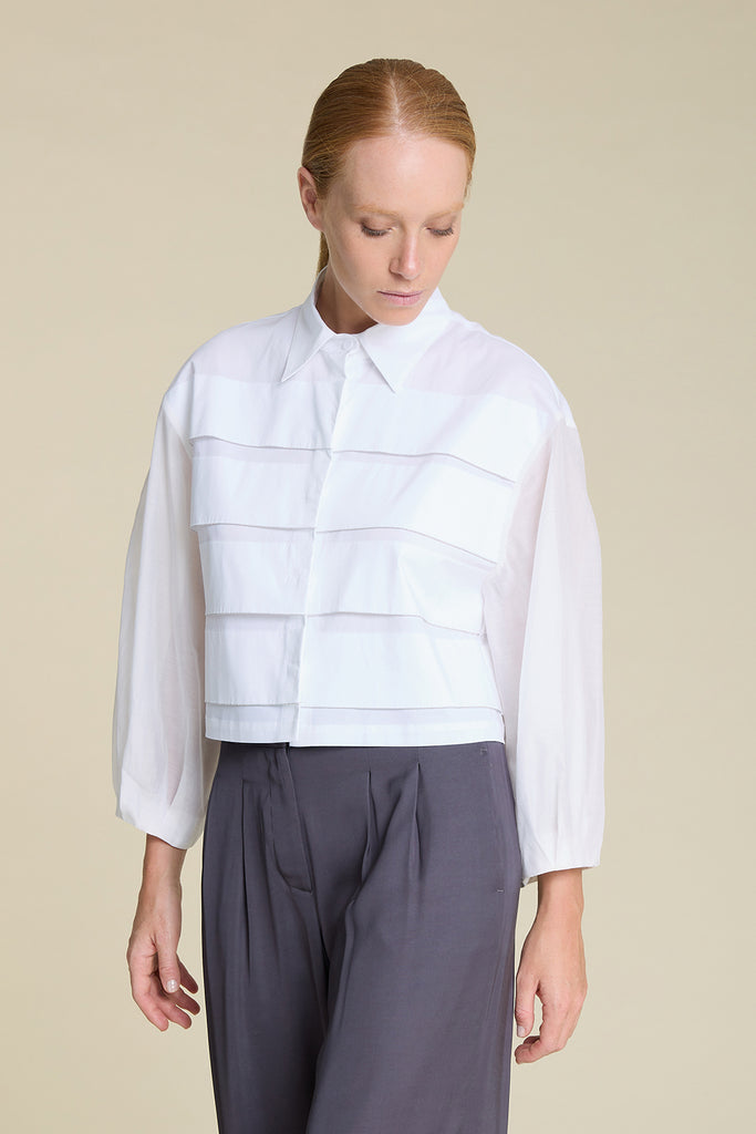 Sophisticated shirt with maxi diamond cut chain trimmed horizontal pleats in cool comfort cotton poplin  
