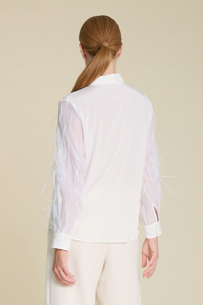 Luxurious shirt in silk crepe de chine with sequin  beading and feather embroidered sleeves  