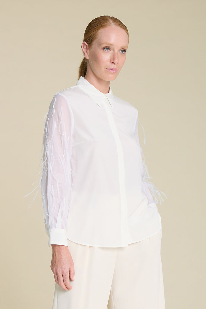 Luxurious shirt in silk crepe de chine with sequin  beading and feather embroidered sleeves  
