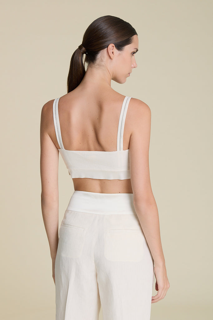 Pure linen bustier with exquisite satin and diamond cut chain strip details  