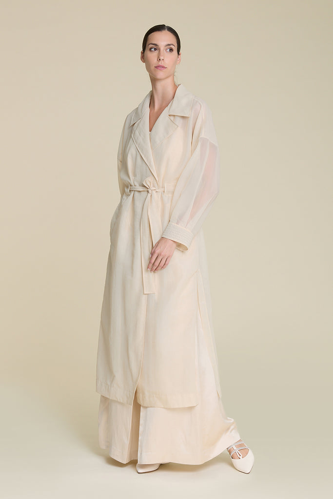 Double breasted trench with classic lapel in technical organza  