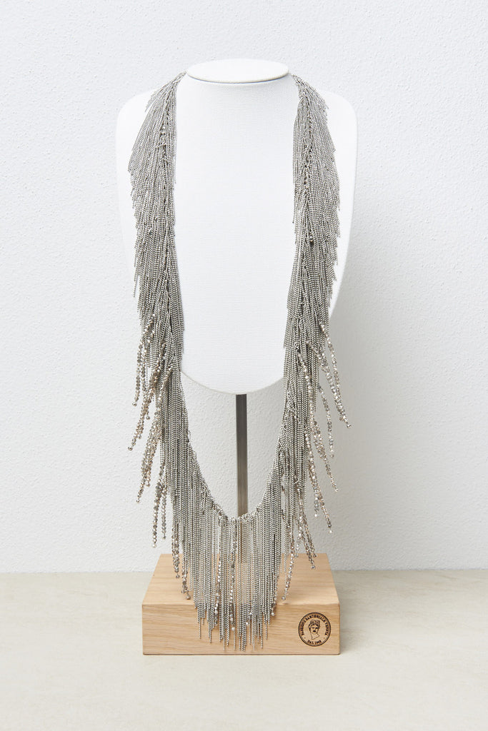 Sparkling  precious long necklace with fringes of diamond cut chain strip and crystals along the entire length  