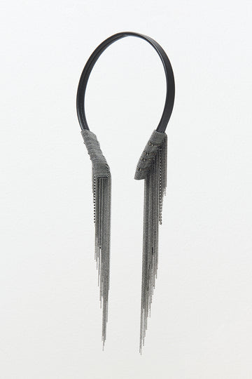 Leather hairband with sparkling fringes of diamond cut chain and rhinestones  
