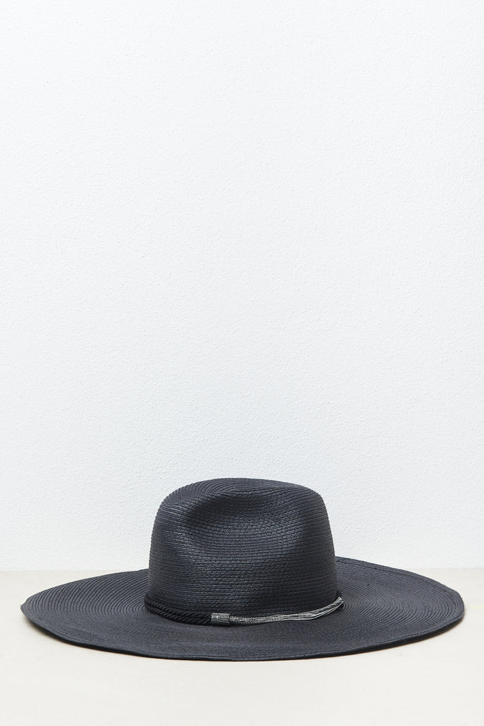 Elegant Fedora in woven straw with exquisite hatband in cord and diamond cut chain  