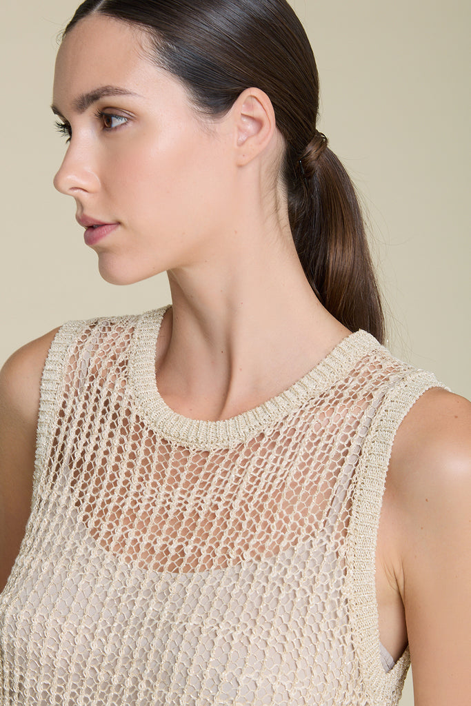 Net knit slip dress in bright linen and lurex yarn  