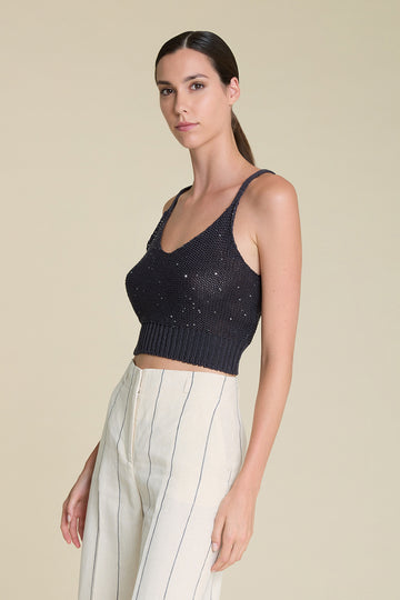 Elegant crop top in pure cotton yarm and luminous sequins  