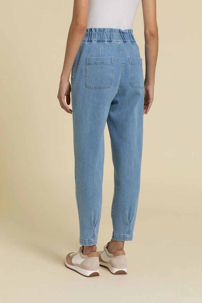 High waisted trousers with belt in comfort washed cotton denim  with waist and ankle pleats  