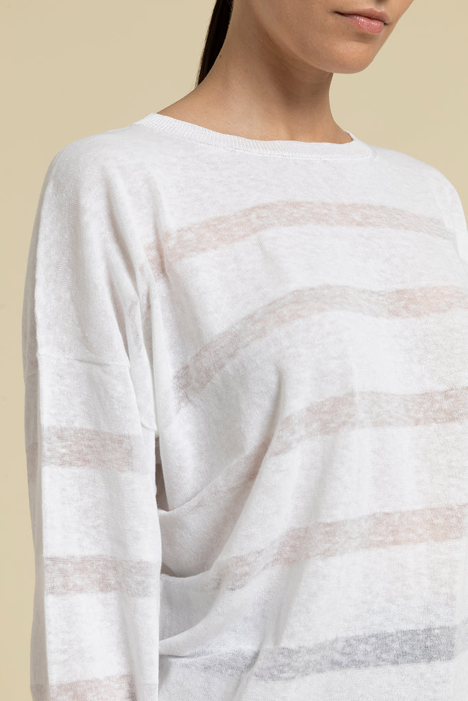Light crewneck sweater in linen blend yarn with semi-sheer stripe effect  
