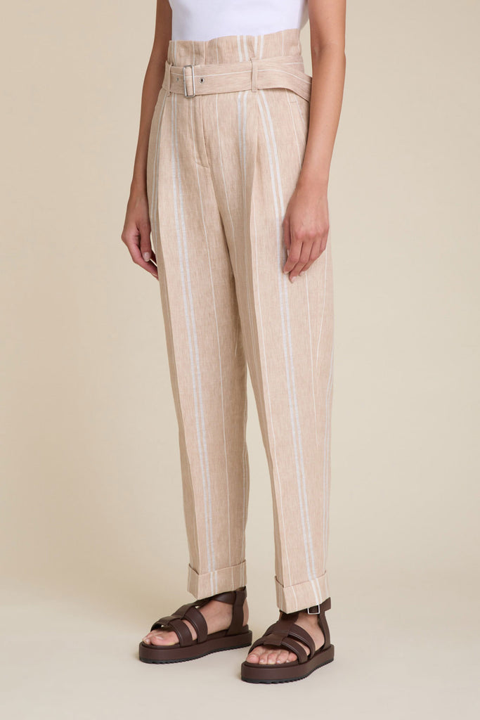 High waisted trousers with 1 pleat and belt in pure linen with sheer stripe  