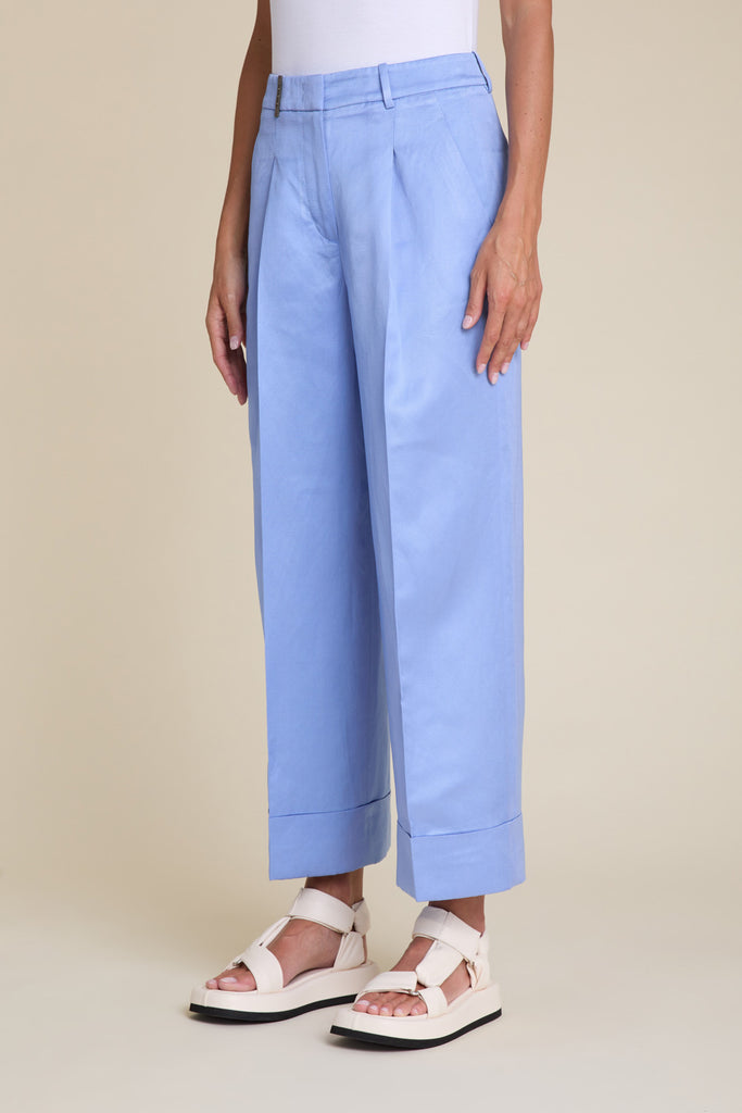 Elegant palazzo pants with pleats in glossy linen and viscose satin  