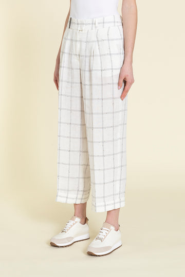 Elegant wide 1 pleat trousers in windowpane check pure linen  