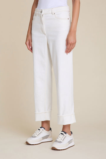 Wide jeans with maxi turn-up in ecru soft cotton drill  