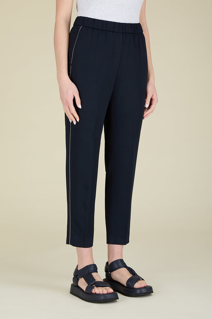 Slim pull-on trousers in fluid comfort viscose cady with diamond cut chain trim  