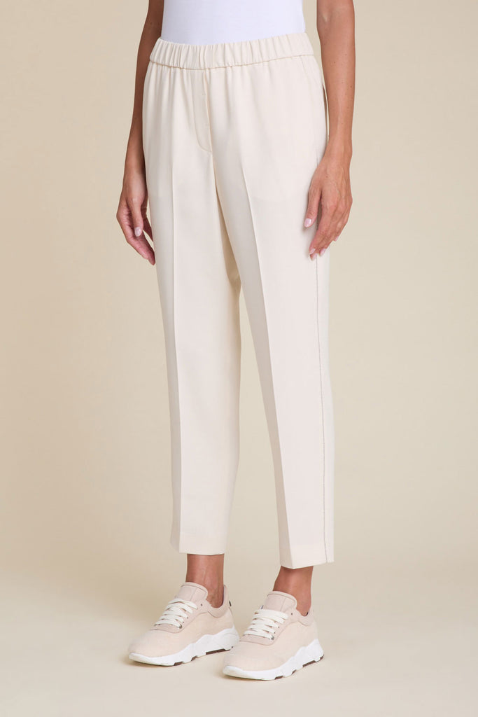 Slim pull-on trousers in fluid viscose/crepe cady with diamond cut chain trim  