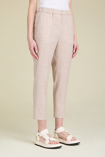 Slim pull-on trousers in natural stretch Estrato wool-linen with diamond cut chain trim  