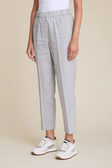 Slim pull-on trousers in natural stretch Estrato wool-linen with diamond cut chain trim  