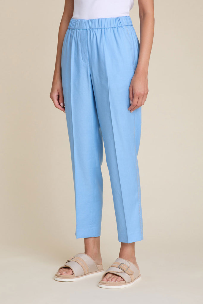 Slim pull-on trousers in light linen blend comfort gabardine with diamond cut chain trim  