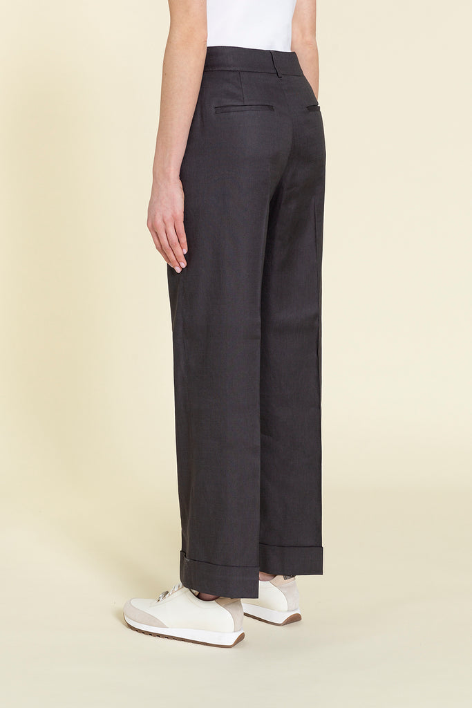 Trousers with adjustable waist in stretch linen viscose gabardine  