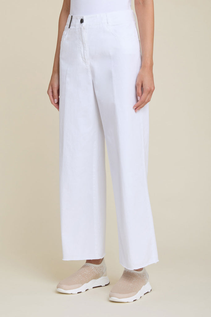 Wide 5 pocket trousers with frayed hems in cool dyed comfort cotton gabardine  