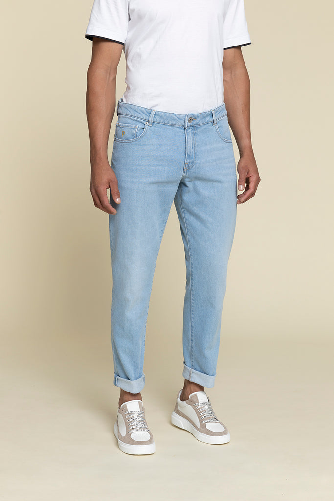 Five pocket jeans in medium wash comfort cotton denim  regular fit  