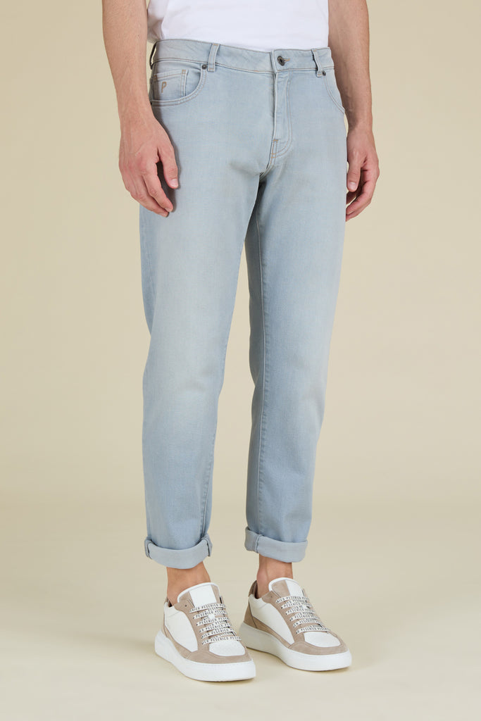 Five pocket jeans in medium wash comfort cotton denim  regular fit  