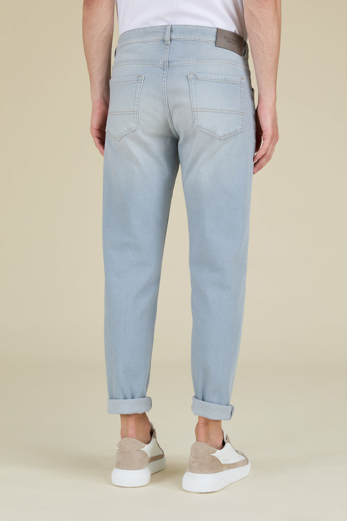 Five pocket jeans in medium wash comfort cotton denim  regular fit  