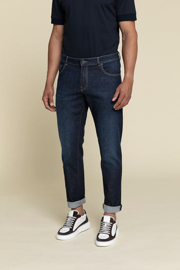 Five pocket jeans in dark wash comfort cotton denim  regular fit  