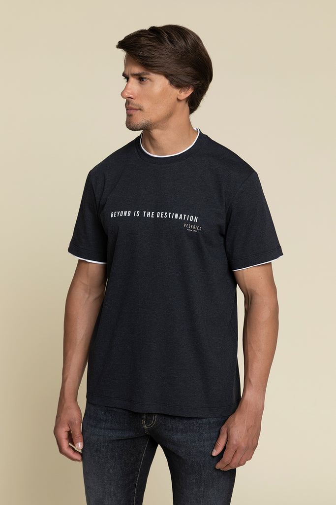 PRINTED T-SHIRT IN PURE MAKO COTTON JERSEY WITH CONTRASTING EDGES  