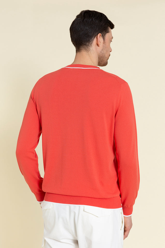 CREWNECK SWEATER IN COTTON CREPE YARN WITH CONTRASTING STRIPE TRIM  