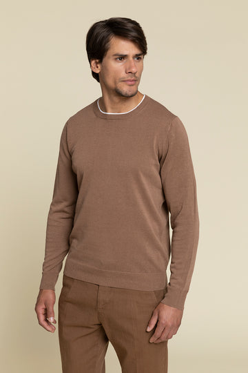 CREWNECK SWEATER IN COTTON AND LINEN YARN KNIT WITH CONTRASTING DETAIL  