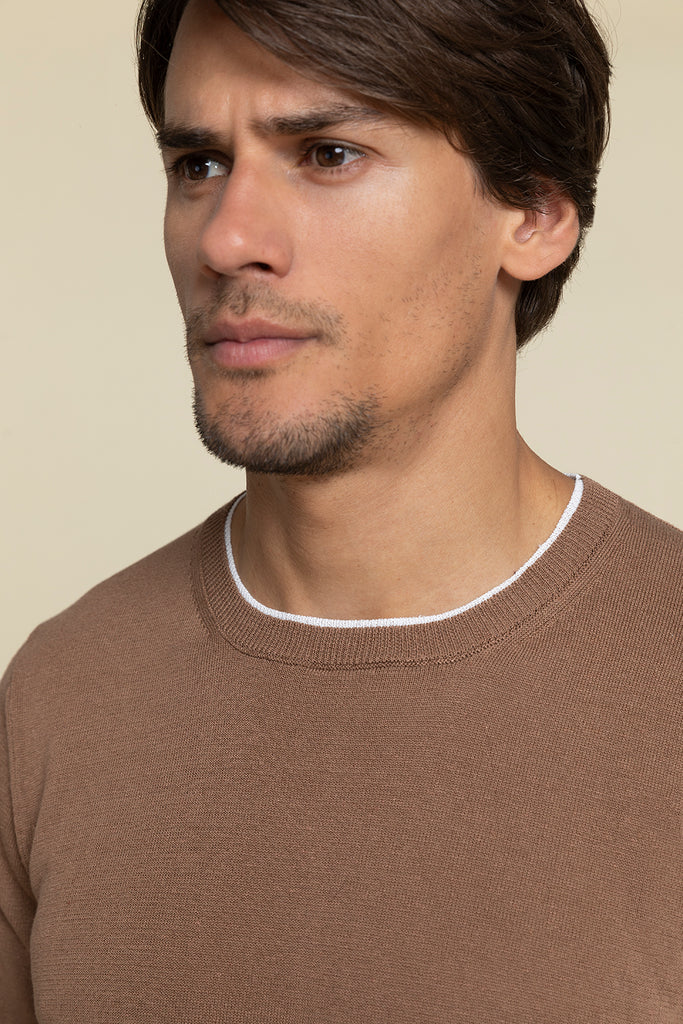 CREWNECK SWEATER IN COTTON AND LINEN YARN KNIT WITH CONTRASTING DETAIL  