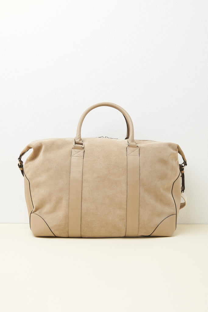 SUEDE BAG WITH LEATHER INSERTS AND ZIP CLOSURE  