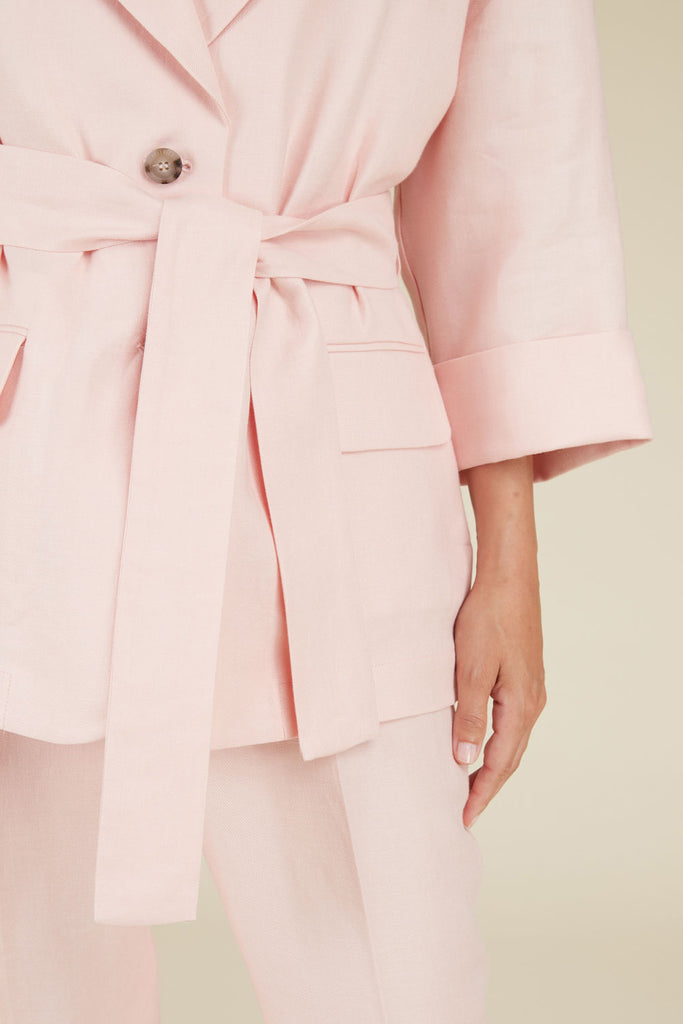 Relaxed pure linen single-breasted blazer with belt  