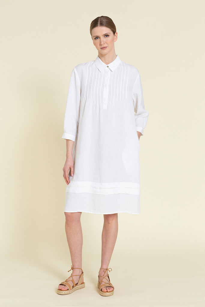 Pure linen shirtdress with pleats on neckline and hem  