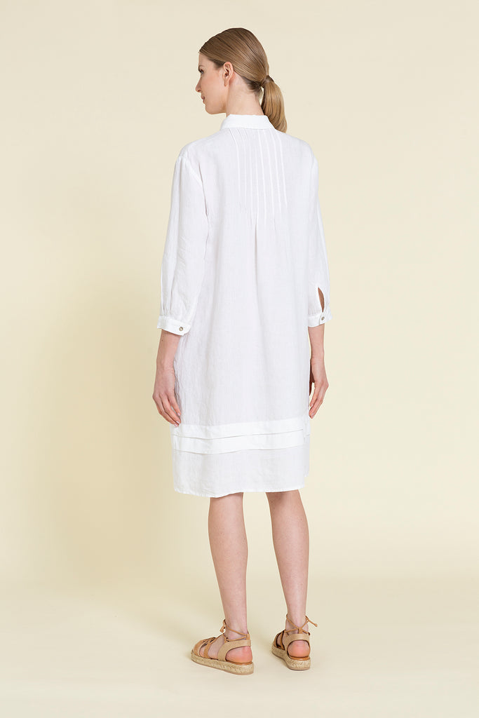 Pure linen shirtdress with pleats on neckline and hem  