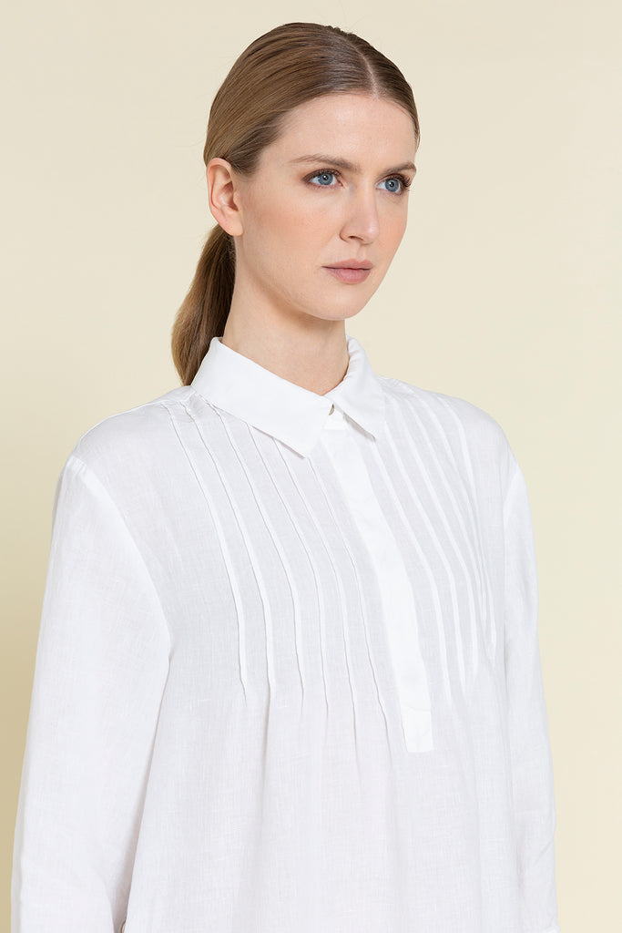 Pure linen shirtdress with pleats on neckline and hem  