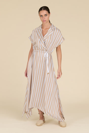 Long dress with wide lapel collar in fluid striped viscose and silk voile  