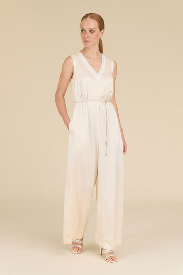 V-neck jumpsuit in shiny tumbled viscose satin  