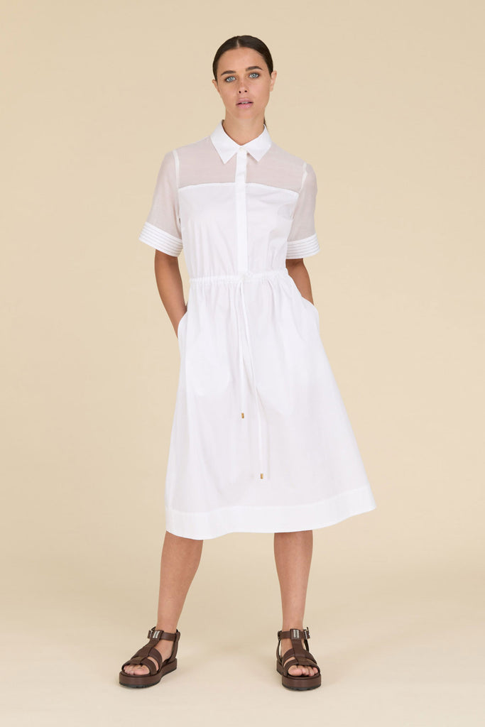 Poplin shirtdress with details in sheer cotton organza and opaque silk  