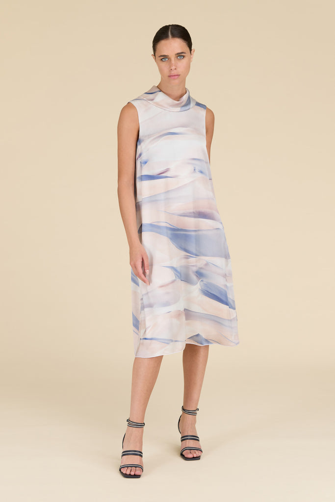 Dress with draped collar in fluid satin with Horizon print  