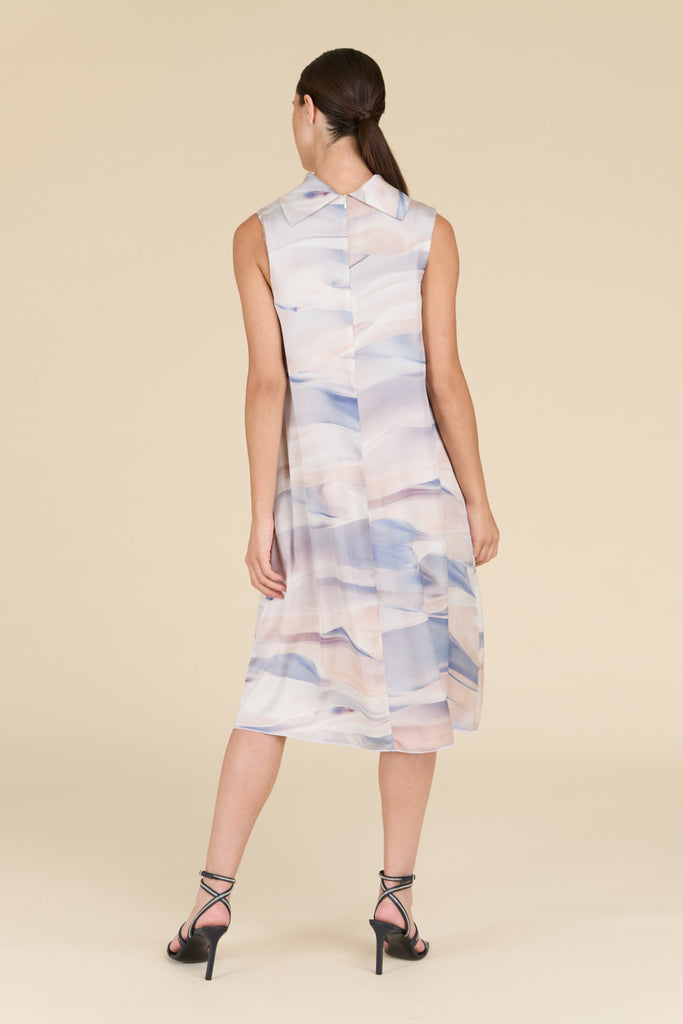 Dress with draped collar in fluid satin with Horizon print  
