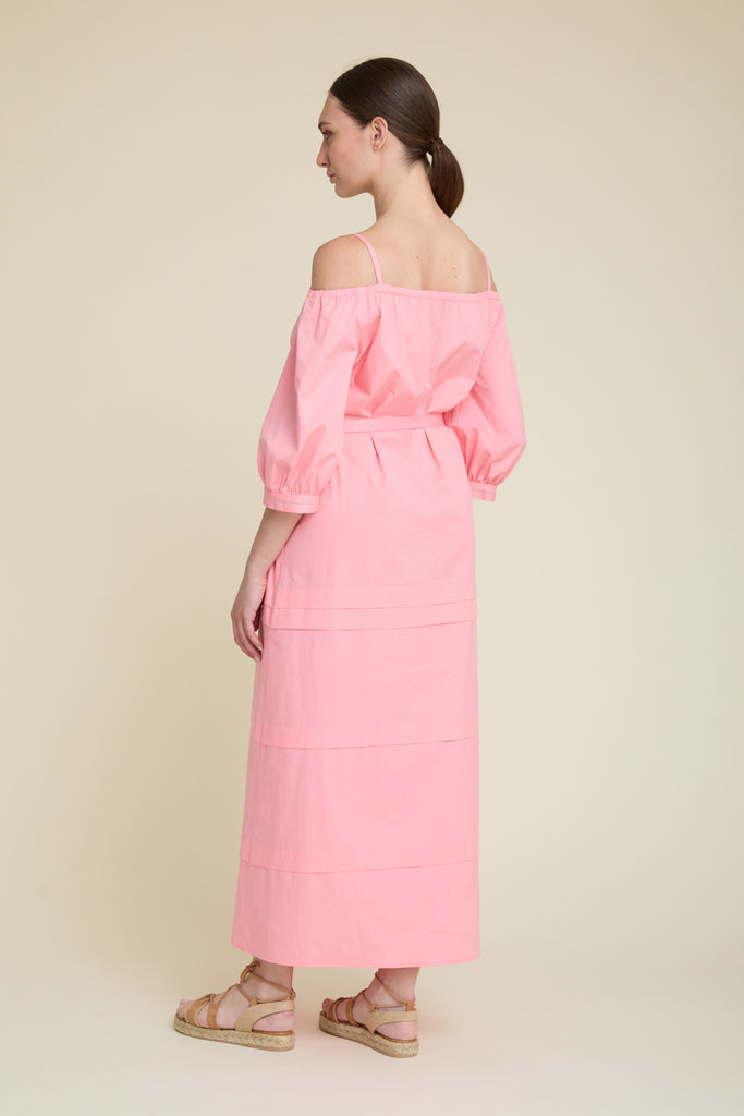Long dress with Show Off shoulders in luminous comfort cotton satin  