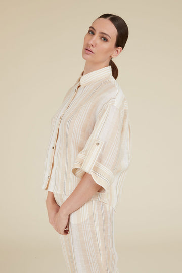 Cropped shirt in striped pure linen with 3/4 sleeves embellished with diamond cut chain tabs  