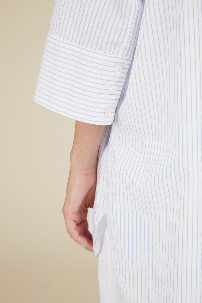 Wide shirt with 3/4 sleeves in striped pure  cotton poplin  