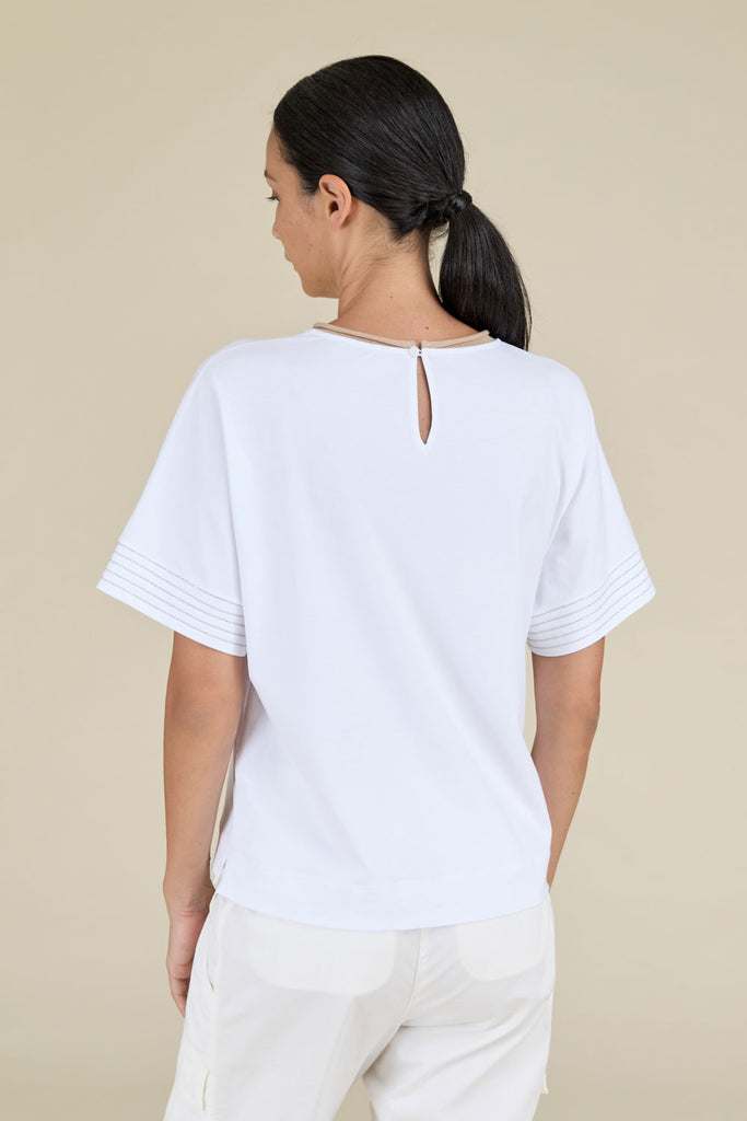 Top in Microdream pure cotton jersey with knit collar and lines of diamond cut chain trim on the sleeves  