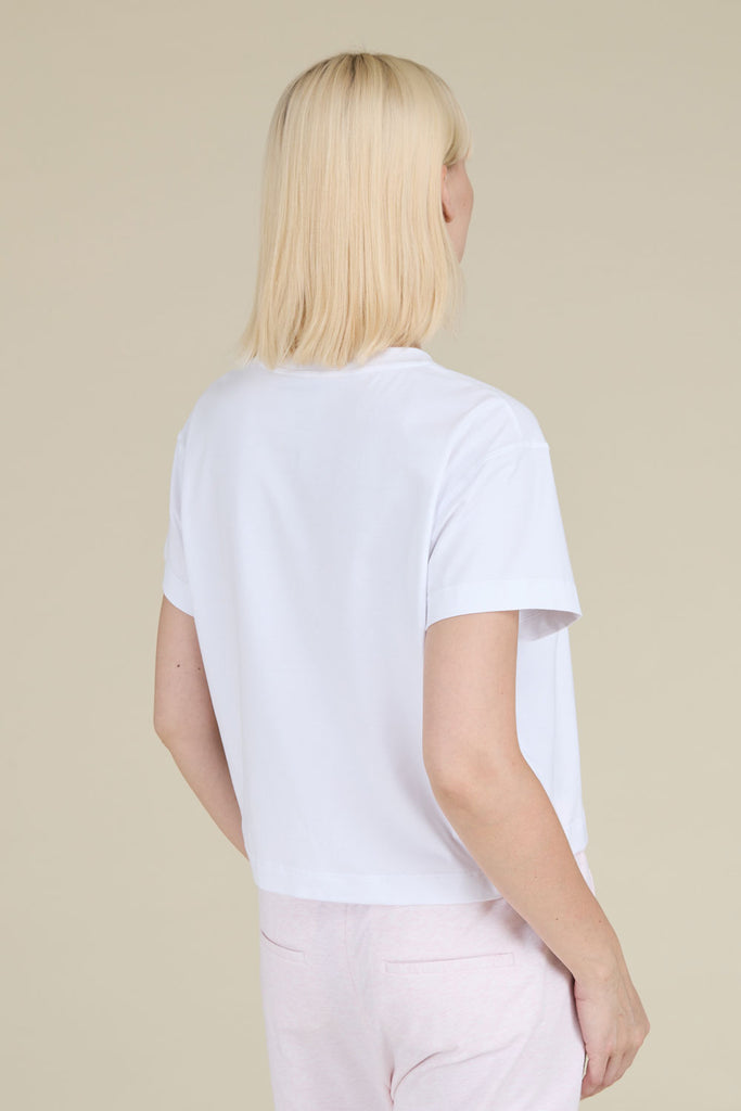 Cropped T-shirt in soft Microdream cotton jersey with Beyond embroidery in diamond cut chain  