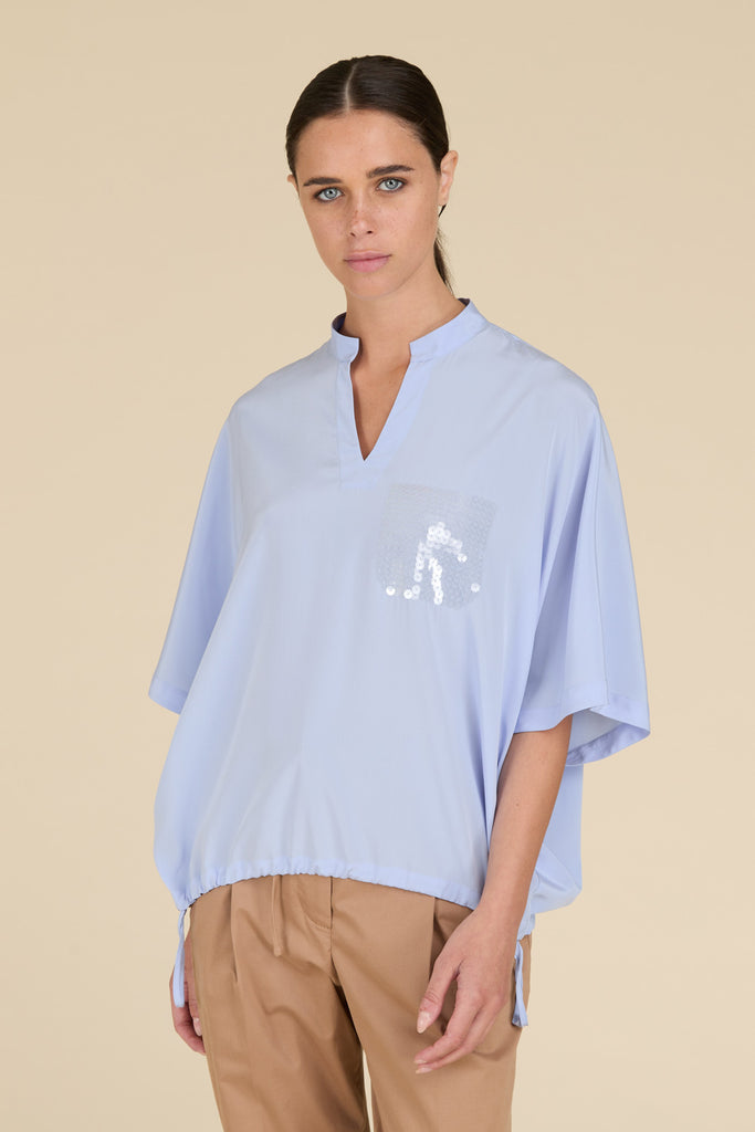 Wide shirt in silk crepe di chine with drawstring hem and Watery embroidery  
