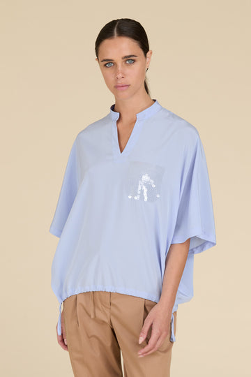 Wide shirt in silk crepe di chine with drawstring hem and Watery embroidery  